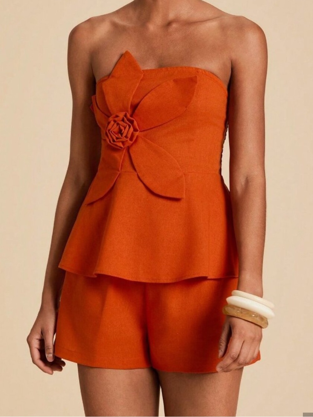 Strapless Orange Floral Peplum Top and Shorts Set